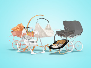 3D rendering of concept baby rocking chair bed rocking chair for sleeping and stroller for child on blue background with shadow