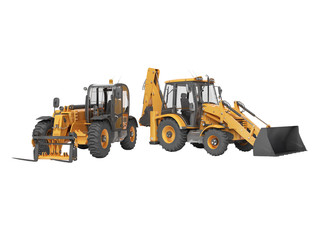 3D rendering orange construction machinery multifunction tractor and telescopic excavator on white background no shadow