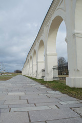 Arched wall on the Trade side of the city Veliky Novgorod, Russia