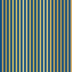 Golden and blue vertical stripes seamless vector pattern. Metallic gold foil and classic blue thin lines repeating background. Golden shiny stripes texture.