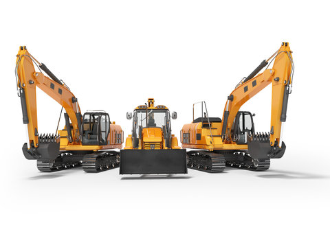 3D rendering orange construction machinery multifunction tractor and crawler excavator on white background with shadow