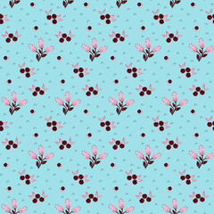 Simple little cute flowers seamless pattern with berries. Floral blooming fabric design.