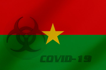 3D ILLUSTRATION VIRUS, BIOHAZARD SYMBOL CORONAVIRUS WITH Burkina Faso FLAG, Flu coronavirus floating, micro view, pandemic virus infection, asian flu.