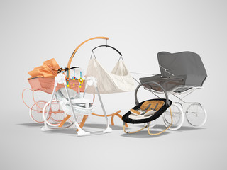 3D rendering of concept baby rocking chair bed rocking chair for sleeping and stroller for child on gray background with shadow