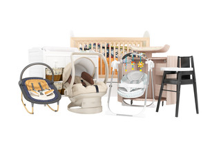 3d rendering of concept baby rocking chair baby bed changing table and pram for baby on white background no shadow