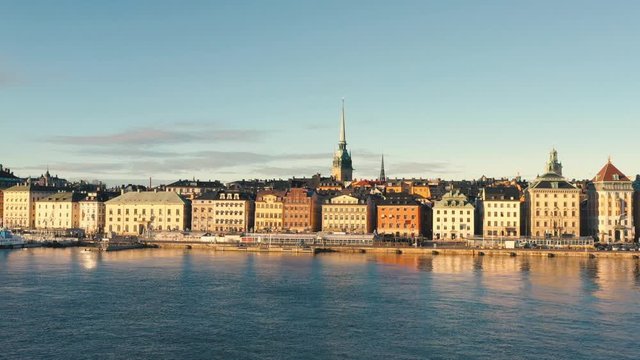 STOCKHOLM, SWEDEN - FEBRUARY, 2020: Aerial view of Stockholm city centre Gamla stan. Flying over buildings in old town.