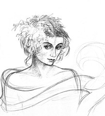 Fototapeta premium A rough sketch of a young woman. Pencil drawing, head, shoulders, on a white background.