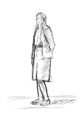 A rough sketch of a standing young woman in clothes with hands behind her back. Pencil drawing on white paper.