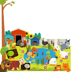 cartoon scene with different farm ranch animals in the forest illustration