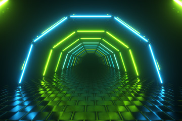 Flight through hexagonal corridor, glowing tunnel, green blue neon light, abstract background, 80's retro style, pop music stage, fashion podium. 3d illustration