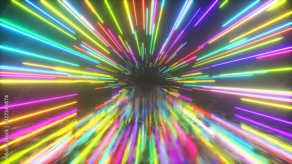 Poster flying in space with luminous neon lines. hyperspace. modern spectrum of light. multicolored. 3d ill