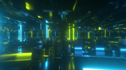 Flying in a technological abstract space with luminous neon tubes. Cyberpunk style. Modern green spectrum of light. 3d illustration