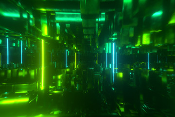 Flying in a technological abstract space with luminous neon tubes. Cyberpunk style. Modern green spectrum of light. 3d illustration