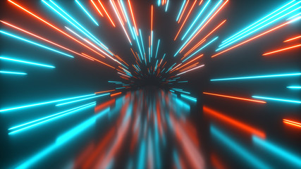 Flying in space with luminous neon lines. Hyperspace. Modern ultraviolet spectrum of light. Blue red color. 3d illustration
