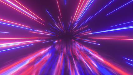 Flying in space with luminous neon lines. Hyperspace. Modern ultraviolet spectrum of light. Blue purple color. 3d illustration