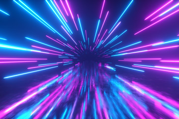 Flying in space with luminous neon lines. Hyperspace. Modern ultraviolet spectrum of light. Blue purple color. 3d illustration