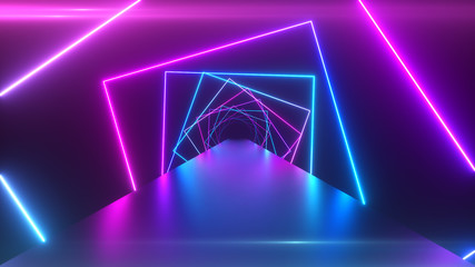 Naklejka premium Streszczenie tło geometryczne z obracającymi się kwadratami, fluorescencyjne światło ultrafioletowe, świecące linie neonowe, wirujący tunel, nowoczesne kolorowe widmo niebieskie, czerwone, różowe, fioletowe, ilustracja 3d