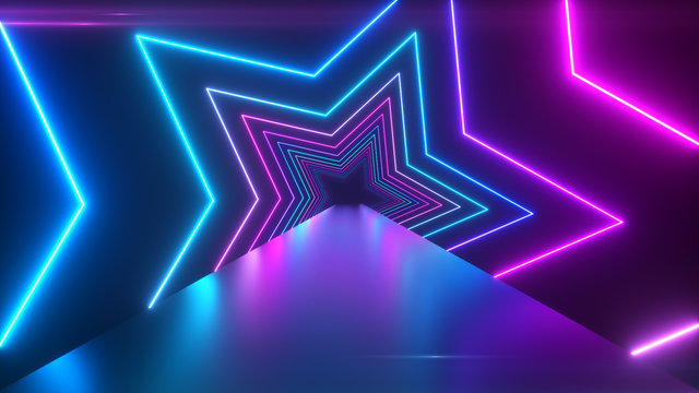 Abstract digital background with rotating neon stars. Modern ultraviolet  blue purple light spectrum. 3d illustration Stock Illustration | Adobe Stock