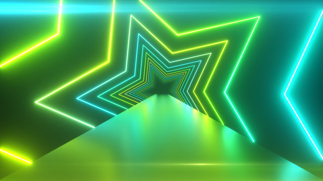 Abstract digital background with rotating neon stars. Modern green light spectrum. 3d illustration