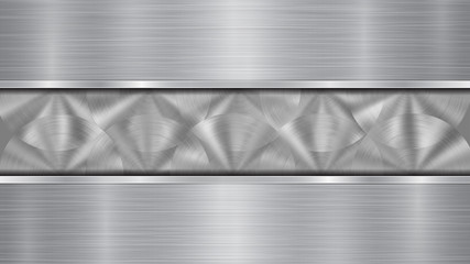 Background in silver and gray colors, consisting of a shiny metallic surface and two horizontal polished plates located above and below, with a metal texture, glares and burnished edges