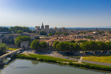 Fototapeta na wymiar Aerial view of Avignon historical city and Rhone river