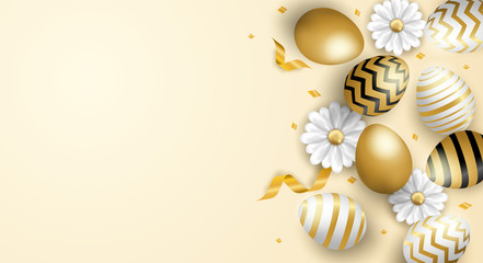 Happy easter celebration. Golden, white easter egg on soft background. light and shadow. Vector. illustration.