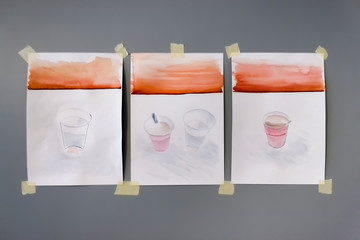 triptych. three watercolor drawings. Depicted are cups of water, with coffee, with water and...