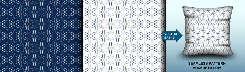 Abstract . Sashiko seamless pattern. line indigo and white background. design for pillow, print, fashion, clothing, fabric, gift wrap. mockup template pillow seamless pattern. Vector.