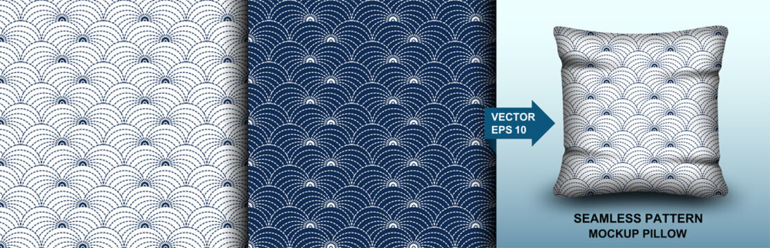 Abstract . Sashiko seamless pattern. line indigo and white background. design for pillow, print, fashion, clothing, fabric, gift wrap. mockup template pillow seamless pattern. Vector.