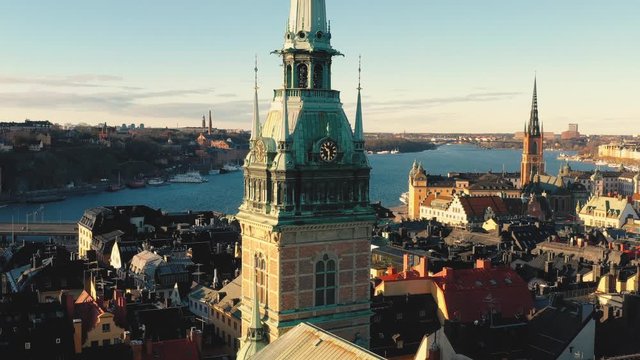 STOCKHOLM, SWEDEN - FEBRUARY, 2020: Aerial view of cathedral in Stockholm old city centre Gamla stan.