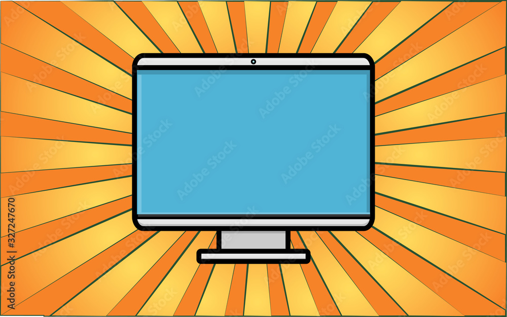 Poster modern digital computer monitor on a background of abstract yellow rays. vector illustration