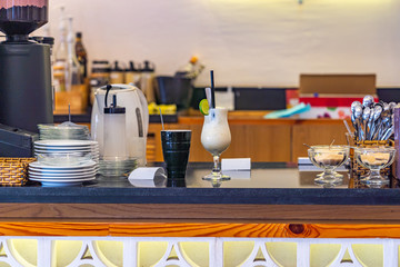 Picking beverage area at bar counter in coffeeshop