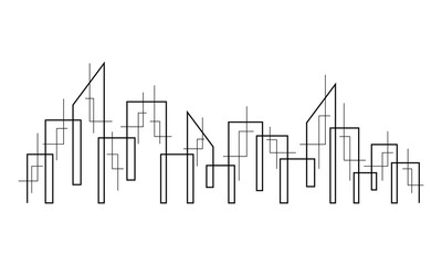 The city is drawn in a solid line on a white background. Line art