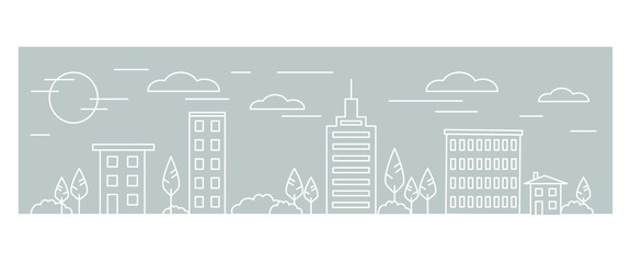 Art line. Outline drawing of a city on a gray background. Vector illustration