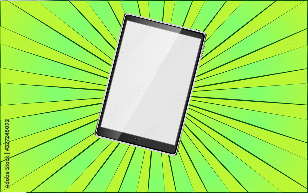 Poster modern digital mobile tablet on a background of abstract green rays. vector illustration