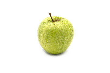 fresh green apple with little drops of water, isolated on white background