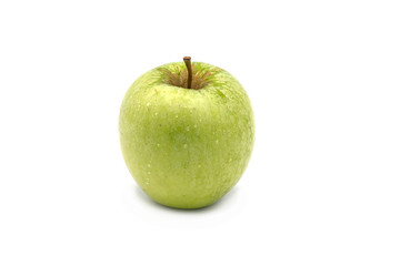 fresh green apple with little drops of water, isolated on white background