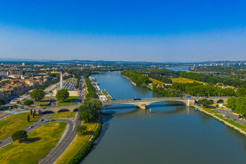 Rhone river and Avignon city under summer clear blue sky