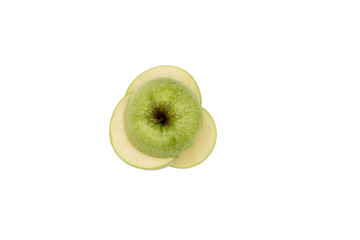 fresh green apple cut into slices. isolated on white background, vegetarian food