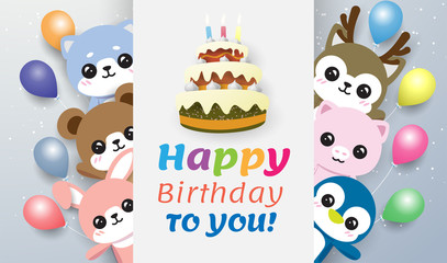 rabbit, bear and dog behide a cake . There is an HBD letter on the balloon and a white background flag floats out of the cake. On the blue-green background
