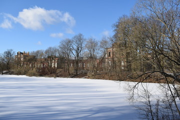 Fototapeta premium winter rural landscape with a river and trees