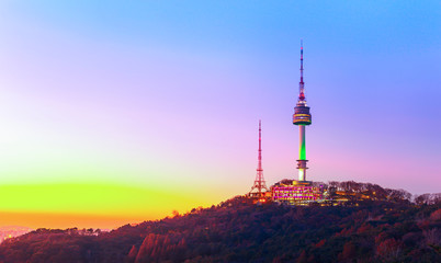 Sunset of Seoul City Skyline and Seoul Tower