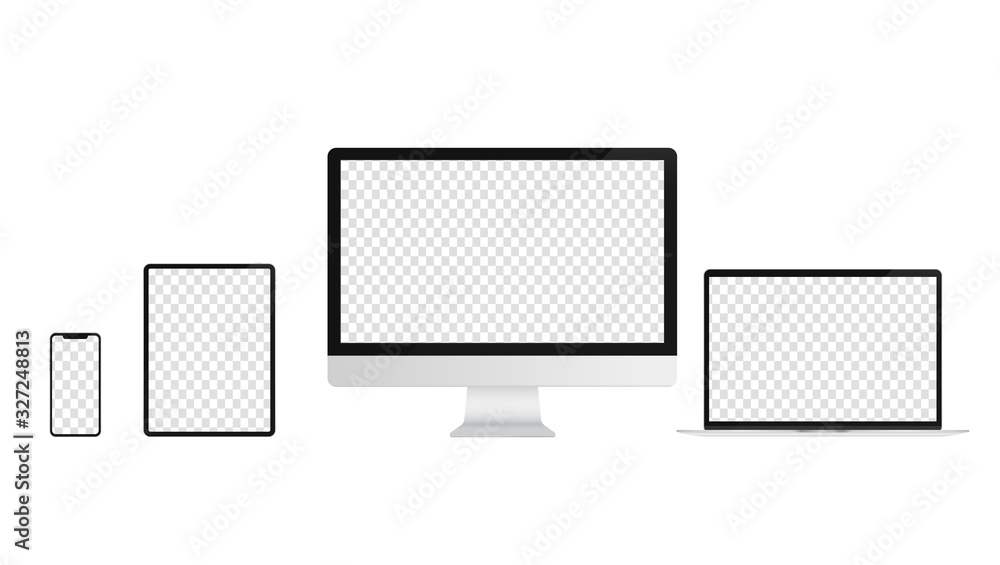 Poster Devices with transparent screen template. Realistic vector illustrations of smartphone, tablet, desktop and laptop. For use in mockups.