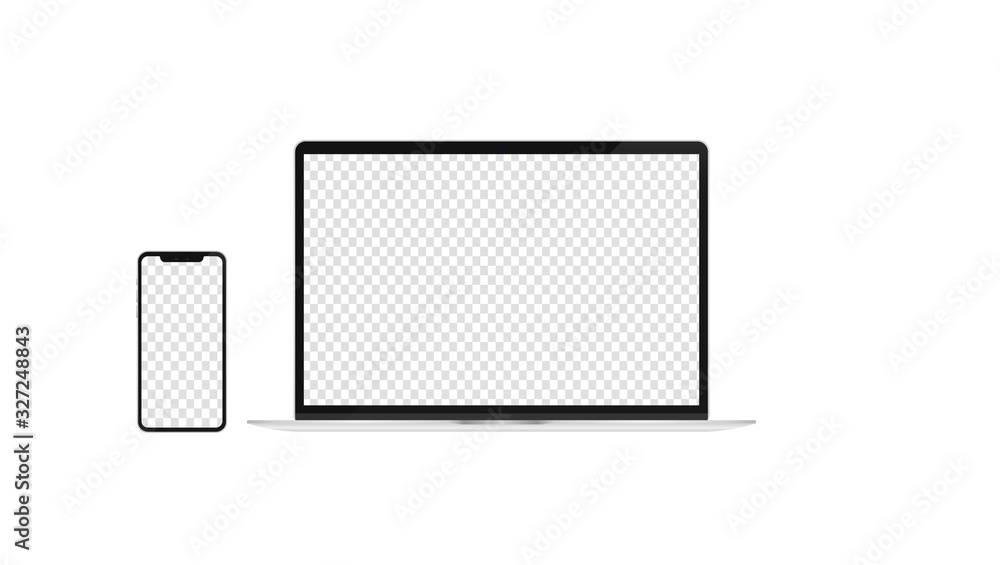Poster laptop and smartphone template with transparent screens. realistic vector illustration of computer a