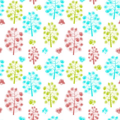 Spring forest. Colorful trees and bushes of red, light blue and lime green tones. Vector seamless pattern