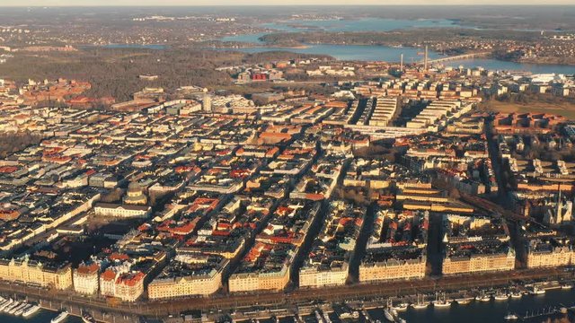 STOCKHOLM, SWEDEN - FEBRUARY, 2020: Aerial view of Stockholm city centre Gamla stan. Flying over buildings in old town.