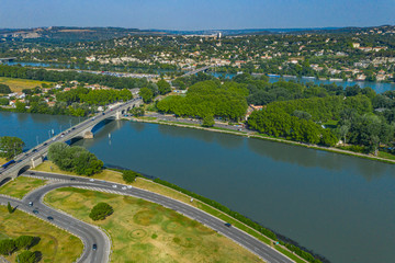 Amazing aerial landscape of Avignon city by the Rhone river