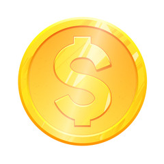 Golden dollar coin USD symbol on white background. Finance investment concept. Exchange European and USA currency Money banking illustration. Business income earnings. Financial sign stock market