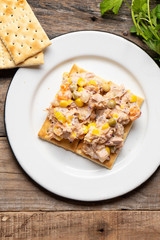 Tuna salad with mayonnaise on wooden background