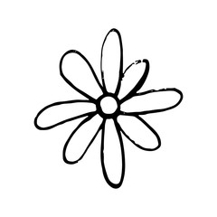 Set of flat flower icons in silhouette isolated and love lettering. Simple retro designs in black and white.